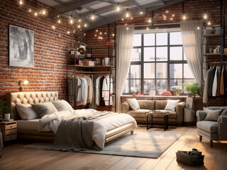 Bright loft bedroom interior, complete furniture setup. AI Generated.