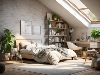 Urban loft bedroom interior, balanced design. AI Generated.