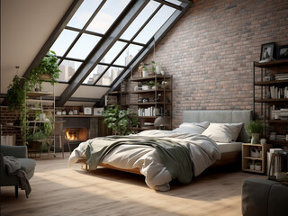 Stylish loft bedroom interior, curated furniture. AI Generated.