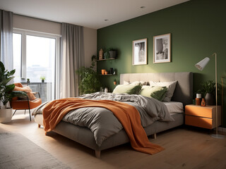 Elegant minimalism bedroom interior, complete furniture. AI Generated.