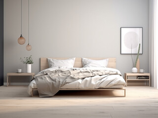 Chic minimalism bedroom interior with serene accents. AI Generated.