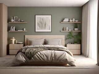Minimalism bedroom interior featuring clean furniture. AI Generated.