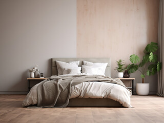 Serene minimalism bedroom interior, balanced style. AI Generated.