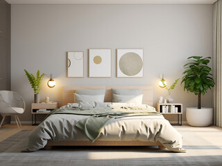 Harmonious minimalism bedroom interior with ample decor. AI Generated.