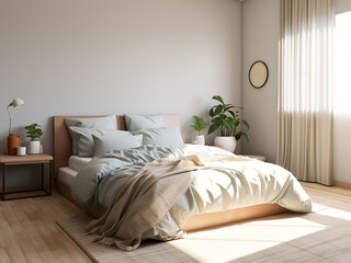 Furniture-centric minimalism bedroom interior, thoughtfully designed. AI Generated.