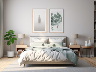 Minimalism bedroom interior with soft hues. AI Generated.
