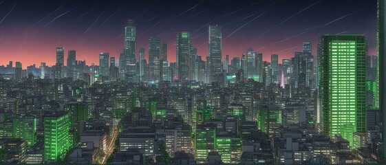 Panorama view of a Futuristic Megalopolis at dusk with tall skyscrapers in the distance