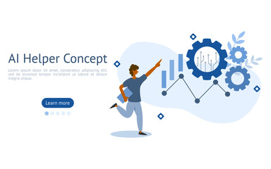 AI Helper illustration. characters are looking at Artificial Intelligence helper analysis system. AI helper system concept. vector illustration.