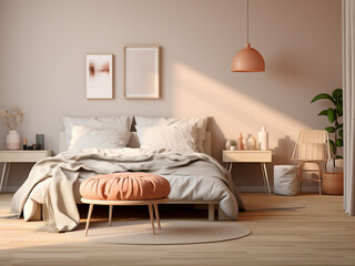 Well-designed minimalism bedroom interior, inviting and serene. AI Generated.