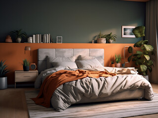 Bright minimal bedroom interior with sleek furniture. AI Generated.