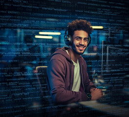 IT Specialist Works on Personal Computer with Screens Showing Software Program with Coding Language Interface. In the Background Technical Room of Data Center with Professional Working