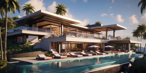 Fototapeta na wymiar Generative AI, View of swimming pool in front of a modern luxury house. Villa, hotel resort