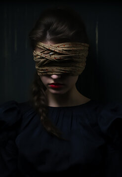 Blindfolded isolated girl in the dark, depressed, tied eyes by ropes, fashion photography 
