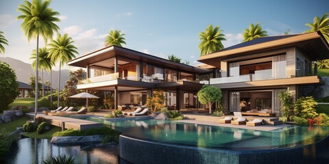 Generative AI, View of swimming pool in front of a modern luxury house. Villa, hotel resort