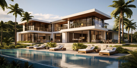 Generative AI, View of swimming pool in front of a modern luxury house. Villa, hotel resort - obrazy, fototapety, plakaty