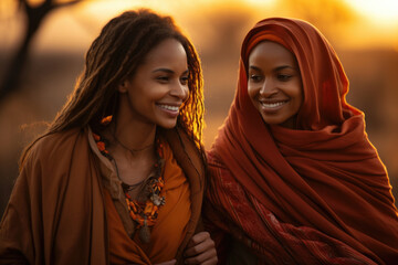 Two black women embrace as the sun rises behind them setting the sky ablaze with its orange hue. They stand together walking hand