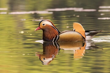 Closeup of a mandarin duck (Aix galericulata) swimming in a pond in Hangzhou, China