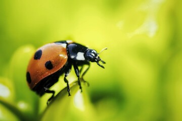 Close-up shot of a vivid red ladybug perched atop a cluster of green leaves.