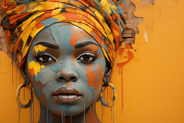A street art mural of an African woman in a headwrap painted in a bright mix of orange yellow and...
