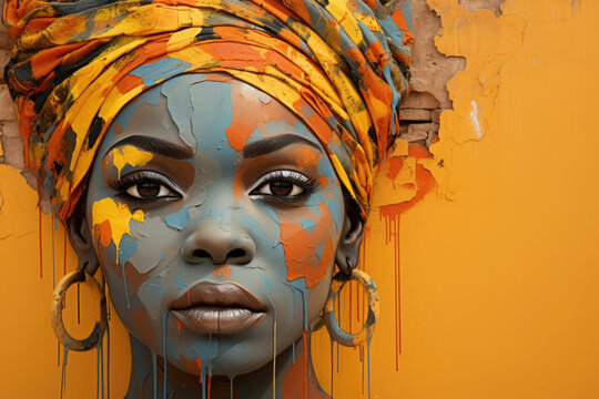 A street art mural of an African woman in a headwrap painted in a bright mix of orange yellow and green stands out against a backdrop