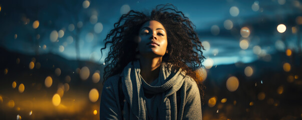 A young African woman is seen doing yoga beneath a bright starry sky. With her eyes closed and body in balance her sense of mindful