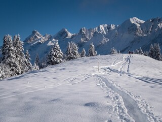 Fototapeta na wymiar a beautiful snowy landscape in the Alps in France with ski trails