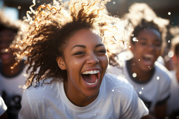 A group of African American teens their faces beaming with joy run together laughing and splashing through a fountain. - obrazy, fototapety, plakaty