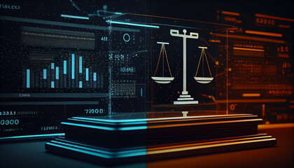 Law scales on background of data center. Digital law concept of duality of Judiciary, Jurisprudence and Justice and data in the modern world. Ai generated image 