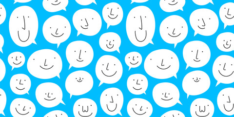 Blue color chat bubble seamless pattern illustration. Cartoon text balloon in funny children doodle style. Friendly team work or group conversation background concept.