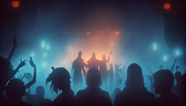 Massive halloween party with many unrecognizable costumed people dancing in fog or smoke, neural network generated art. Digitally . any actual scene or pattern, Ai generated image