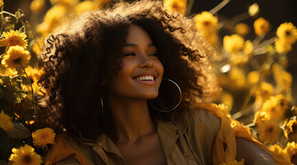 An African American woman is sitting in a field of sunflowers appreciating the beauty around her. This photo captures the concept of