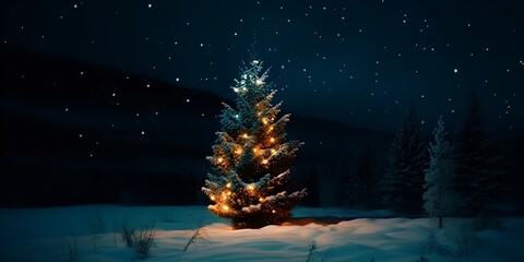 Christmas tree at night forest, generative ai - obrazy, fototapety, plakaty