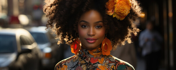 A proud African American girl commands attention in her stylish bold print dress. A bright flower in her hair and her symmetrical