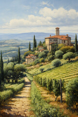Tuscany Italy Painting during summer, mediterran art