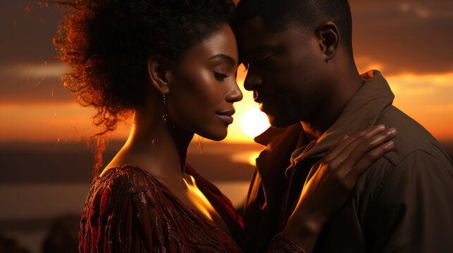 An uplifting picture of an African American couple embracing while both faces glow with contentment.
