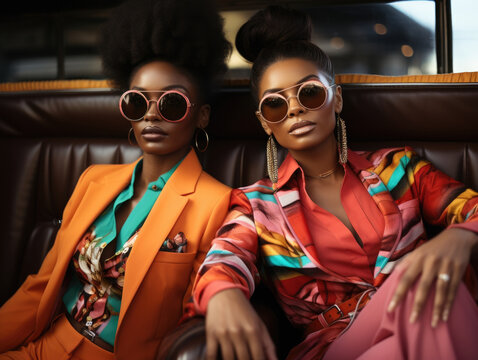 Two attractive and stylish African American women pose playfully side by side. Both clad in matching outfits of luxurious materials