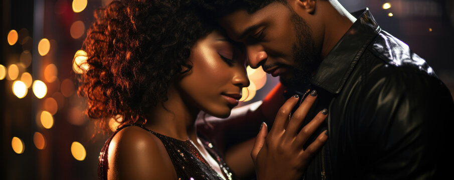 An African American couple lost in the moment while slow dancing by the dim disco lights her head gently resting on his chest as they - Powered by Adobe
