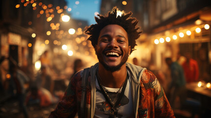 Obraz premium A young Black man dances a a busy street his movements wild and uninhibited. His selfexpression radiates passion and power a message