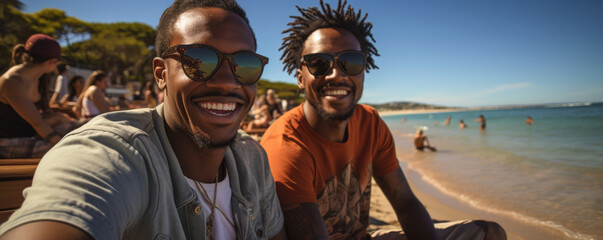 A couple of young African men strike playful poses in a sunny beach their smiles wide and their demeanor happy. Their selfexpression