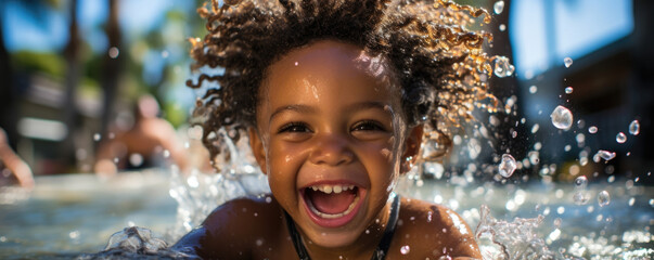 Obraz premium A laughing Black toddler splashes in a pool with an expression of pure contentment and joy feeling perfectly at ease and surrounded
