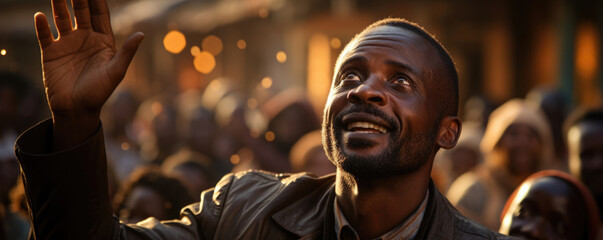 A smiling Senegalese man standing proudly with his arms reaching up to the sky while the light of the sun provides a hake glow around