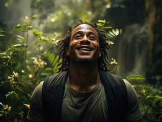 A smiling Black man reaches up with arms od wide embracing nature and its overwhelming beauty with a practiced sense of peace and - obrazy, fototapety, plakaty