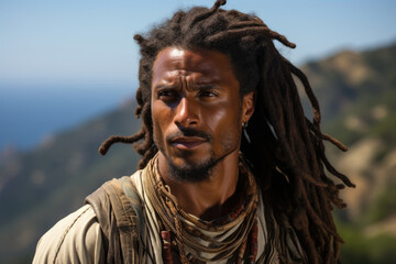 An African American man stands atop a cliff his eyes and hair whipped by the wind as he represents the typical African warrior facing