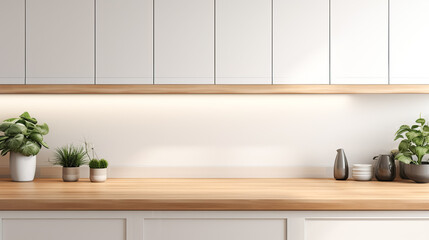 Fototapeta na wymiar Wooden light empty table top in modern white kitchen, kitchen panel in interior. Scene showcase, banner