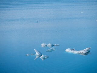 Picturesque landscape of an iceberg in the water with a backdrop of snow-covered mountains