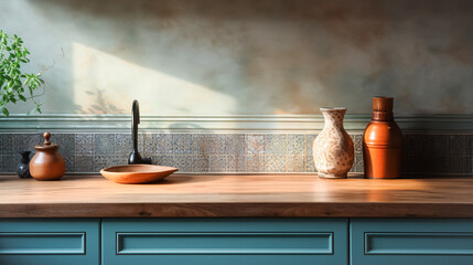 Wooden light empty table top in modern kitchen, Moroccan oriental style, kitchen panel in interior