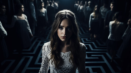 Being lost in a maze shocked face of a woman dark background with a place for text, Halloween 