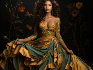 A beautiful African woman stands tall in a fashionable flowing gown. The deep green background provides a striking contrast to her - Powered by Adobe