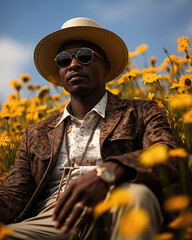 An African man lounges in a field of yellow daisies wearing a white collared shirt and blue jeans. His black fedora hat gives him - obrazy, fototapety, plakaty