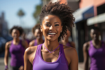 A Black woman with dreadlocks wearing a fitted purple activewear running down a busy city street with a big smile on her face. - Powered by Adobe
